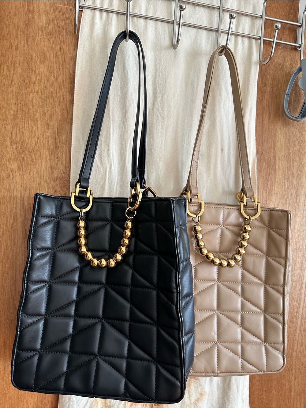 Zara Quilted Tote Shoulder Bag in Black and Taupe